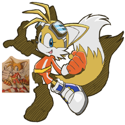 Size: 2048x2048 | Tagged: safe, miles "tails" prower, 2024, anonymous artist, blue shoes, concept outfit, looking at viewer, reference inset, simple background, smile, solo, sonic riders, trans female, transgender, transparent background