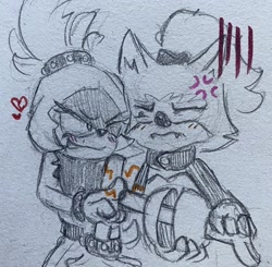 Size: 2048x2006 | Tagged: safe, artist:maberbie03, surge the tenrec, whisper the wolf, 2024, cross popping vein, duo, fangs, flirting, frown, heart, lesbian, line art, pencilwork, shipping, sketch, smile, traditional media, whisper is not amused, whisper x surge, wink