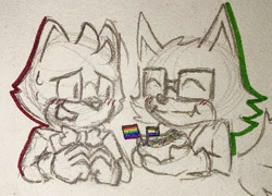 Size: 2048x1478 | Tagged: safe, artist:maberbie03, barry the quokka, gadget the wolf, 2024, barryget, blushing, chili dog, cute, duo, eyes closed, flag, food, gay, gay pride, line art, looking at them, nonbinary, nonbinary pride, pencilwork, pride, pride flag, shipping, sketch, smile, sweatdrop, traditional media