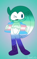Size: 753x1200 | Tagged: safe, artist:rosecandyart, mighty the armadillo, 2024, flag, gay, gradient background, holding something, looking offscreen, mlm pride, pride, pride flag, signature, smile, solo, standing, top surgery scars, trans male, trans pride, transgender, wink