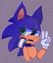 Size: 1429x1705 | Tagged: safe, artist:nyarthk, sonic the hedgehog, 2024, :3, abstract background, blushing, cute, flag, lidded eyes, looking offscreen, mouth hold, one fang, outline, pride, pride flag, smile, solo, sonabetes, top surgery scars, trans male, trans pride, transgender, v sign