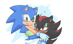 Size: 1362x812 | Tagged: safe, artist:pleccofeesh, shadow the hedgehog, sonic the hedgehog, 2024, agender, agender pride, cute, duo, face paint, frown, gay, heart, hugging, looking at viewer, makeup, pride, shadow x sonic, shipping, signature, smile, trans male, trans pride, transgender