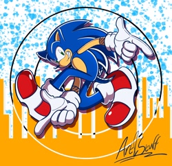 Size: 2048x1982 | Tagged: safe, artist:art_andstuff, sonic the hedgehog, sonic adventure, 2024, abstract background, adventure pose, looking at viewer, redraw, signature, smile, solo