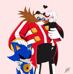Size: 2017x2048 | Tagged: safe, artist:gaiamoonflayer, metal sonic, robotnik, sage, human, sonic frontiers, 2024, black sclera, family, father and child, father and daughter, father and son, heart, looking at viewer, pink background, robot, signature, simple background, smile, standing, trio
