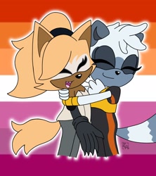 Size: 1822x2048 | Tagged: safe, artist:kygomash46, tangle the lemur, whisper the wolf, 2024, cute, duo, eyes closed, hugging, lesbian, lesbian pride, outline, pride, pride flag, pride flag background, shipping, signature, smile, tangabetes, tangle x whisper, whispabetes