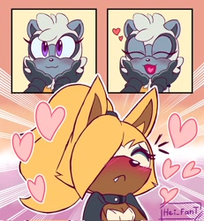 Size: 1890x2048 | Tagged: safe, artist:hei_fant, tangle the lemur, whisper the wolf, 2024, :<, abstract background, blushing, cute, dawww, duo, eyes closed, frown, hands on another's face, heart, heart tongue, lesbian, one fang, outline, shipping, signature, smile, tangabetes, tangle x whisper, whispabetes