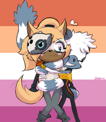 Size: 781x894 | Tagged: safe, artist:rotiv176, tangle the lemur, whisper the wolf, 2024, blushing, cute, duo, heart, hugging, lesbian, lesbian pride, pride, pride flag background, shipping, signature, smile, standing, tail hug, tangle x whisper, wagging tail, wrapped in tail