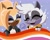 Size: 2047x1638 | Tagged: safe, artist:theglitched0wl, tangle the lemur, whisper the wolf, 2024, blue background, duo, eyes closed, holding something, lesbian, lesbian pride, lineless, pride, pride flag, pride month, shipping, signature, simple background, smile, sparkles, tangabetes, tangle x whisper, whispabetes