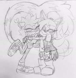 Size: 1982x2048 | Tagged: safe, artist:sonicrelated, tangle the lemur, whisper the wolf, 2024, cute, duo, heart, hugging, lesbian, line art, shipping, sketch, smile, standing, tangle x whisper, traditional media, wagging tail