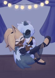 Size: 1448x2048 | Tagged: safe, artist:spiritualrisk, tangle the lemur, whisper the wolf, 2024, alternate outfit, cute, dancing, duo, eyes closed, indoors, lesbian, nighttime, prom night, prom outfit, shipping, smile, tangabetes, tangle x whisper, whispabetes