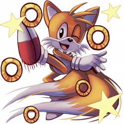 Size: 2048x2048 | Tagged: safe, artist:wahl_art1997, miles "tails" prower, 2024, classic tails, kicking, looking at viewer, mid-air, mouth open, ring, simple background, smile, solo, star (symbol), white background, wink