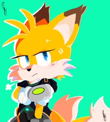 Size: 1626x1804 | Tagged: artist needed, source needed, safe, miles "tails" prower, nine, sonic prime, gender swap, green background, simple background, solo