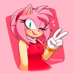 Size: 2048x2048 | Tagged: safe, artist:mingkeuuyu, amy rose, blushing, cute, heart, signature, solo, v sign, wink