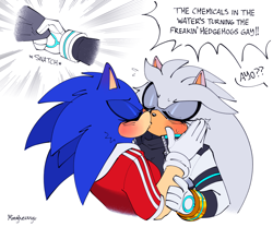 Size: 2048x1706 | Tagged: safe, artist:mingkeuuyu, silver the hedgehog, sonic the hedgehog, blushing, clothes, dialogue, duo, english text, eyes closed, gender swap, hands on another's face, kiss, lesbian, r63 shipping, sfx, shipping, signature, simple background, sonilver, speech bubble, white background