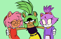 Size: 2048x1328 | Tagged: safe, artist:khrispin, amy rose, blaze the cat, surge the tenrec, 2024, amy x blaze, eyes closed, frown, green background, lesbian, love triangle, shipping, shrunken pupils, simple background, smile, standing, surgamy, surgaze, trio