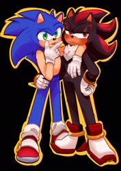 Size: 1448x2047 | Tagged: safe, artist:waddiwasu, shadow the hedgehog, sonic the hedgehog, 2024, arm around shoulders, black background, blushing, duo, frown, gay, holding each other, lidded eyes, looking at viewer, looking offscreen, outline, shadow x sonic, shipping, simple background, standing, tongue out
