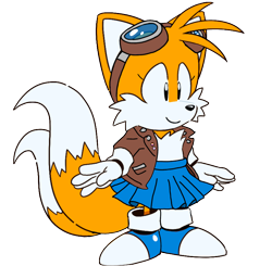 Size: 3460x3393 | Tagged: safe, miles "tails" prower, 2024, anonymous artist, aviator jacket, badge, blue shoes, clothes, edit, eyelashes, flat colors, goggles, goggles on head, jacket, lesbian, looking offscreen, mobius.social exclusive, simple background, skirt, smile, solo, trans female, trans girl tails, transfeminine, transgender, transparent background