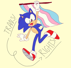 Size: 2048x1977 | Tagged: safe, artist:emirrart, sonic the hedgehog, english text, flag, holding something, looking at viewer, pride, pride flag, simple background, smile, solo, trans male, trans pride, trans rights, transgender, yellow background