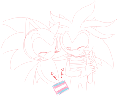 Size: 1982x1590 | Tagged: safe, artist:emirrart, silver the hedgehog, sonic the hedgehog, arm around shoulders, binder, duo, eyes closed, line art, looking at them, mouth open, one eye closed, pride, pride flag, simple background, smile, standing, tears, tears of happiness, trans male, trans pride, transgender, white background