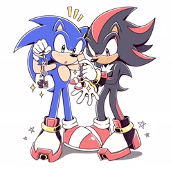 Size: 2048x2014 | Tagged: safe, artist:wiggle_rain, shadow the hedgehog, sonic the hedgehog, 2024, :o, blushing, cute, duo, gay, holding something, keychain, shadow x sonic, shipping, simple background, standing, star (symbol), surprised, white background