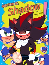 Size: 768x1024 | Tagged: safe, artist:annievizca2664, shadow the hedgehog, sonic the hedgehog, blushing, blushing ears, duo, english text, flower bouquet, gay, holding something, meme, shadow x sonic, shipping, signature, standing, star (symbol)