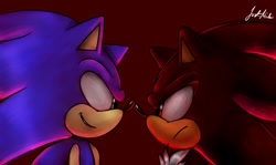 Size: 2048x1220 | Tagged: safe, artist:just_nicki_, shadow the hedgehog, sonic the hedgehog, 2024, duo, frown, gay, looking at each other, red background, shadow x sonic, shipping, side view, signature, simple background, smile