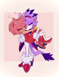 Size: 630x825 | Tagged: safe, artist:glitchedcosmos, amy rose, blaze the cat, cat, hedgehog, 2024, amy x blaze, amy's halterneck dress, blaze's tailcoat, carrying them, cute, eyes closed, female, females only, hearts, kiss on cheek, lesbian, shipping