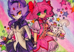 Size: 1024x716 | Tagged: safe, artist:seuris, amy rose, blaze the cat, cat, hedgehog, 2015, amy x blaze, crossover, cute, female, females only, holding hands, lesbian, looking at viewer, shipping, star (symbol)