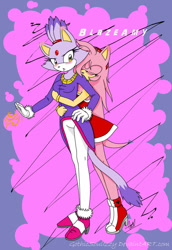 Size: 1024x1486 | Tagged: safe, artist:gothicsoulizzy, amy rose, blaze the cat, cat, hedgehog, 2014, amy x blaze, amy's halterneck dress, blaze's tailcoat, blushing, cute, eyes closed, female, females only, flame, hugging from behind, lesbian, shipping