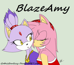 Size: 1024x902 | Tagged: safe, artist:gothicsoulizzy, amy rose, blaze the cat, cat, hedgehog, 2014, amy x blaze, amy's halterneck dress, blaze's tailcoat, cute, eyes closed, female, females only, lesbian, looking back, shipping