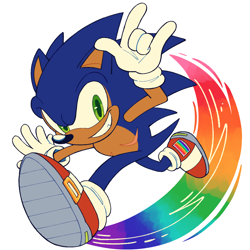 Size: 1500x1500 | Tagged: safe, artist:frostiios, sonic the hedgehog, 2024, devil horns (gesture), looking at viewer, pride, running, simple background, smile, solo, top surgery scars, trans male, transgender, white background
