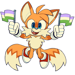 Size: 900x900 | Tagged: safe, artist:frostiios, miles "tails" prower, 2024, flag, genderqueer, genderqueer pride, holding something, looking at viewer, mouth open, one fang, pride, pride flag, simple background, smile, solo, white background