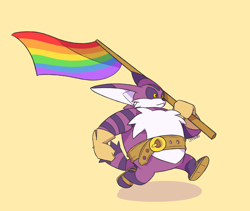 Size: 1280x1082 | Tagged: safe, artist:enchantinglightsong, big the cat, flag, gay pride, holding something, looking ahead, looking offscreen, pride, pride flag, signature, simple background, solo, walking, yellow background