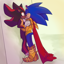Size: 2048x2048 | Tagged: safe, artist:dragon-spaghetti, shadow the hedgehog, sonic the hedgehog, against wall, armor, blushing, blushing ears, cape, duo, gay, king arthur, looking at each other, shadow x sonic, shipping, sir lancelot, standing