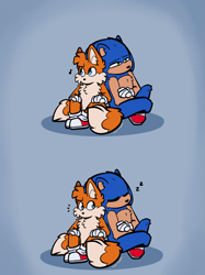 Size: 1535x2048 | Tagged: safe, artist:dragon-spaghetti, miles "tails" prower, sonic the hedgehog, duo, legs crossed, looking at them, looking offscreen, sitting, sleeping, zzz