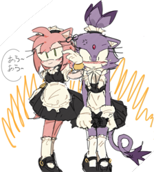 Size: 643x718 | Tagged: safe, artist:siuseek, amy rose, blaze the cat, cat, hedgehog, 2024, amy x blaze, cute, female, females only, japanese text, lesbian, looking at viewer, maid outfit, shipping, speech bubble