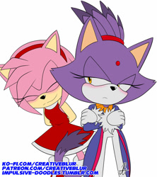 Size: 1024x1152 | Tagged: safe, artist:impulsive-doodles, amy rose, blaze the cat, cat, hedgehog, 2017, amy x blaze, amy's halterneck dress, arms folded, blaze's tailcoat, cute, eyes closed, female, females only, hands behind back, lesbian, shipping, smile