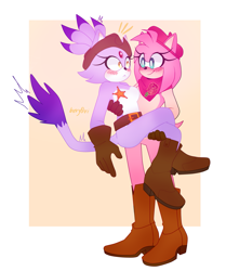 Size: 1613x1929 | Tagged: safe, artist:marleyla, amy rose, blaze the cat, cat, hedgehog, 2020, amy x blaze, blushing, carrying them, cute, female, females only, lesbian, looking at each other, sheriff star, shipping