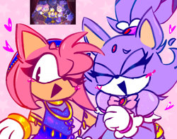 Size: 1757x1384 | Tagged: safe, artist:exactlyandrogynoussalad, amy rose, blaze the cat, cat, hedgehog, 2024, amy x blaze, cute, eyes closed, female, females only, hearts, lesbian, mouth open, one eye closed, shipping