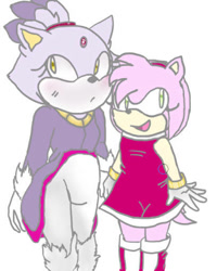 Size: 408x510 | Tagged: safe, artist:devinmakesart, amy rose, blaze the cat, cat, hedgehog, 2018, amy x blaze, amy's halterneck dress, blaze's tailcoat, cute, female, females only, lesbian, looking at them, shipping, smile