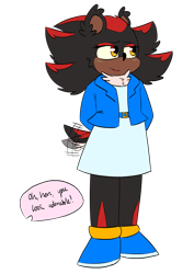 Size: 1447x2048 | Tagged: safe, artist:dragon-spaghetti, shadow the hedgehog, belt, blushing, clothes, dialogue, dress, english text, jacket, looking away, offscreen character, shoes, simple background, smile, solo, speech bubble, trans female, transgender, transparent background, wagging tail