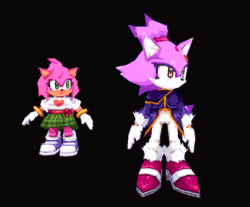 Size: 676x560 | Tagged: safe, artist:wibblus, amy rose, blaze the cat, cat, hedgehog, alternate outfit, amy x blaze, amybetes, animated, blazebetes, blushing, cute, duo, holding hands, lesbian, looking at each other, low poly, shipping, smile, standing