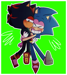 Size: 1843x2048 | Tagged: safe, artist:head---ache, shadow the hedgehog, sonic the hedgehog, blushing, border, cute, duo, eyes closed, frown, gay, green background, lidded eyes, looking away, outline, shadow x sonic, shadowbetes, shipping, simple background, smile, sonabetes