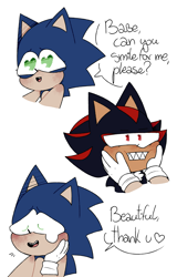 Size: 1313x2048 | Tagged: safe, artist:head---ache, shadow the hedgehog, sonic the hedgehog, hedgehog, blushing, clenched teeth, cute, dialogue, duo, english text, eyes closed, gay, hands on another's face, heart eyes, lidded eyes, shadow x sonic, shadowbetes, sharp teeth, shipping, simple background, smile, sonabetes, tears, tears of happiness, white background