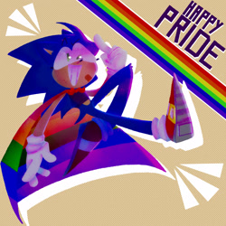 Size: 2048x2048 | Tagged: safe, artist:head---ache, sonic the hedgehog, bandaid, beige background, binder, cape, cute, english text, eyelashes, gay pride, one eye closed, pointing, pride, rainbow, simple background, smile, solo, sonabetes, trans male, transgender