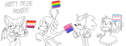 Size: 2048x751 | Tagged: safe, artist:emirrart, amy rose, knuckles the echidna, rouge the bat, sonic the hedgehog, bisexual, bisexual pride, english text, flag, gay, gay pride, group, holding something, lesbian, lesbian pride, line art, pride, pride flag, simple background, smile, trans female, trans pride, transgender, white background