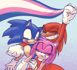 Size: 1743x1593 | Tagged: safe, artist:emirrart, amy rose, knuckles the echidna, sonic the hedgehog, 2020, eyes closed, gradient background, holding something, looking at them, pride, smile, standing, trans female, trans male, trans pride, transgender, trio