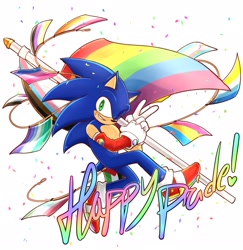 Size: 1991x2048 | Tagged: safe, artist:shu_0696, sonic the hedgehog, 2024, abrosexual pride, aro ace pride, asexual pride, badge, bisexual pride, blushing, confetti, country flag, english text, flag, gay pride, holding something, lesbian pride, looking at viewer, mlm pride, nonbinary pride, palestine flag, pansexual pride, pride, pride flag, progress pride, simple background, smile, solo, trans pride, v sign, white background, wink