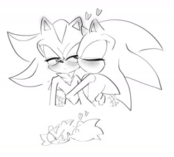 Size: 1884x1693 | Tagged: safe, artist:tamjeong_sonic, shadow the hedgehog, sonic the hedgehog, 2024, blushing, blushing ears, cute, duo, eyes closed, gay, heart, holding them, kiss on cheek, lidded eyes, line art, looking at them, shadow x sonic, shadowbetes, shipping, simple background, sonabetes, wagging tail, white background