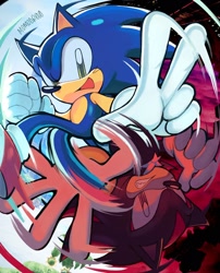 Size: 1658x2048 | Tagged: safe, artist:momodroid, shadow the hedgehog, sonic the hedgehog, sonic adventure 2, 2024, abstract background, clenched teeth, duo, hand out, looking at viewer, signature, smile, v sign